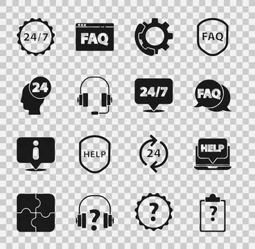 Set Clipboard with question marks, Laptop and help, Speech bubble FAQ, Tele.. Stock Illustration