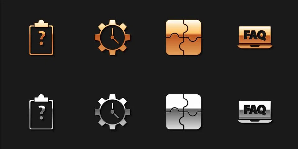 Set Clipboard with question marks, Time Management, Piece of puzzle and Laptop Stock Illustration