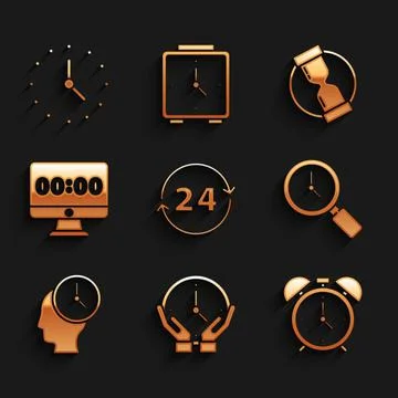 Set Clock 24 hours, Alarm clock, Magnifying glass with, Time Management, on Illustrazione stock