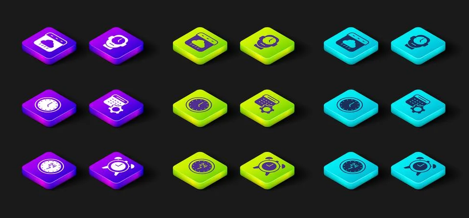 Set Clock 24 hours, Alarm clock, Calendar settings, and autumn icon. Vector Stock Illustration