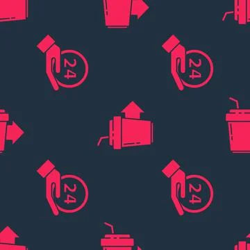 Set Clock 24 hours and Coffee cup to go on seamless pattern. Vector Stock Illustration
