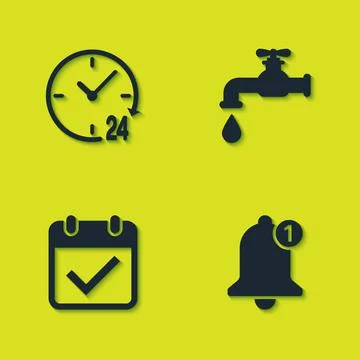 Set Clock 24 hours, Bell, Calendar with check mark and Water tap icon. Vector Illustrazione stock