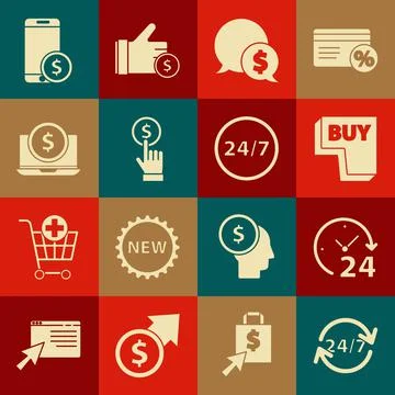 Set Clock 24 hours, Buy button, Speech bubble with dollar, Hand holding coin Stock Illustration
