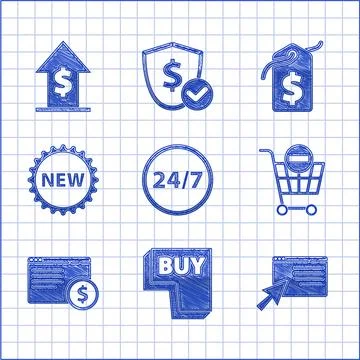 Set Clock 24 hours, Buy button, Online shopping screen, Remove cart, Price tag Stock Illustration