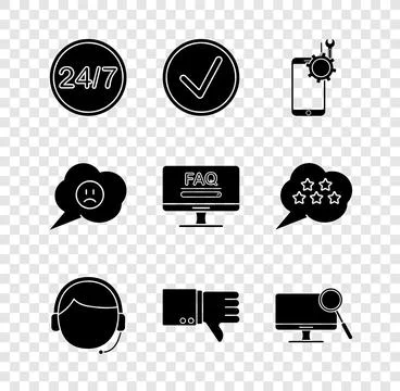Set Clock 24 hours, Check mark in circle, Mobile service, Man with headset,.. Stock Illustration