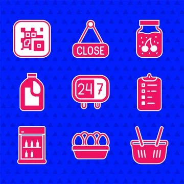 Set Clock 24 hours, Chicken egg in box, Shopping basket, list, Commercial r.. Illustrazione stock