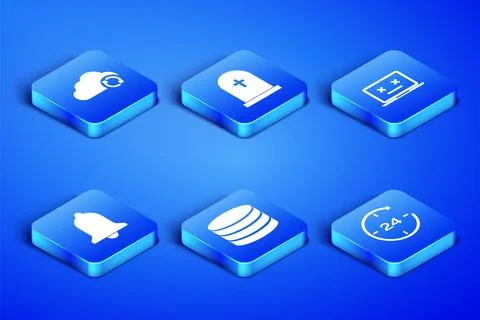 Set Clock 24 hours, Cloud sync refresh, Database, Ringing bell, Tombstone with Illustrazione stock
