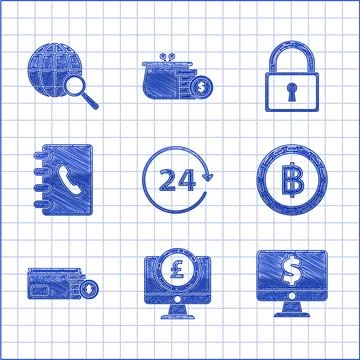 Set Clock 24 hours, Computer monitor with pound sterling symbol, dollar イラスト素材
