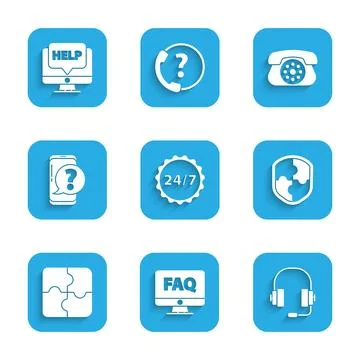 Set Clock 24 hours, Computer monitor and FAQ, Headphones, Shield, Piece of .. Stock Illustration