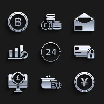 Set Clock 24 hours, Credit card, Computer monitor pound sterling, Presentation Stock Illustration