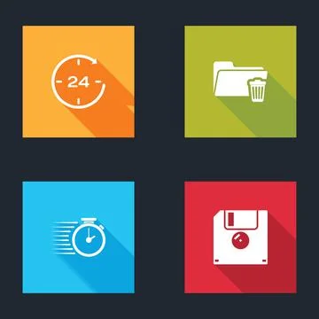 Set Clock 24 hours, Delete folder, Stopwatch and Floppy disk icon. Vector Stock Illustration