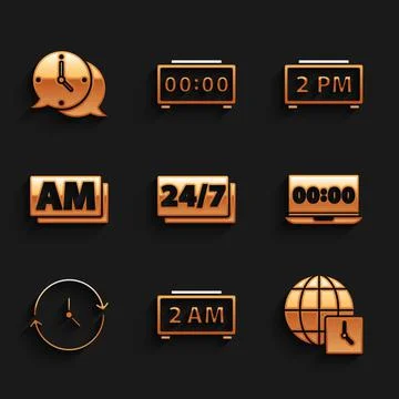 Set Clock 24 hours, Digital alarm clock, World time, on laptop, AM, and speech イラスト素材