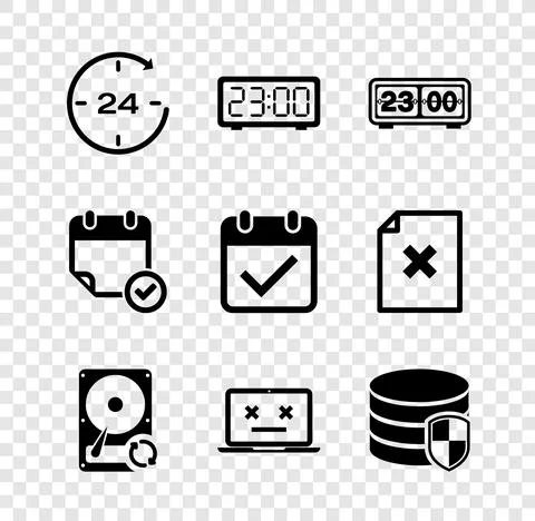 Set Clock 24 hours, Digital alarm clock, Retro flip, Hard disk drive HDD sync Stock Illustration
