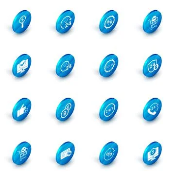 Set Clock 24 hours, Discount percent tag, Remove shopping cart, Computer monitor Stock Illustration