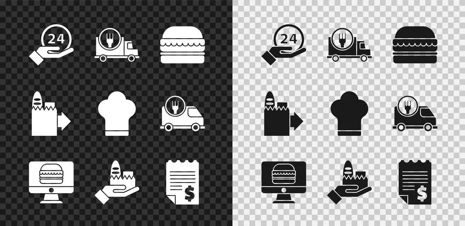 Set Clock 24 hours, Fast delivery by car, Burger, Online ordering and, Paper Stock Illustration