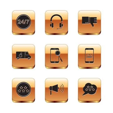 Set Clock 24 hours, Five stars rating review, Megaphone, Mobile diagnostics, Car Stock Illustration
