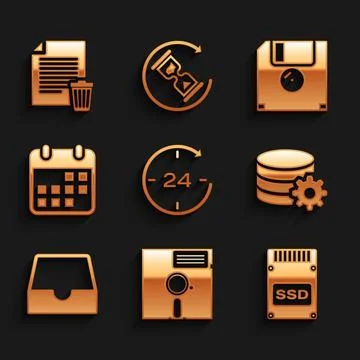 Set Clock 24 hours, Floppy disk in the 5.25-inch, SSD card, Setting databas.. Illustrazione stock