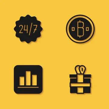 Set Clock 24 hours, Gift box, Pie chart infographic and Cryptocurrency coin B Stock Illustration