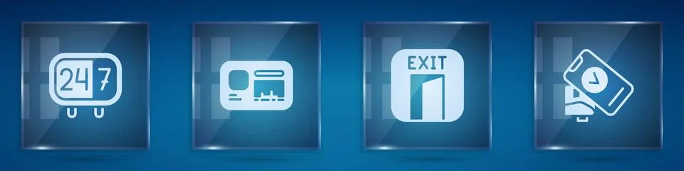 Set Clock 24 hours, Identification badge, Fire exit and POS terminal. Square Stock Illustration
