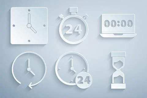 Set Clock 24 hours, on laptop, Old hourglass, Stopwatch and  icon. Vector Stock Illustration