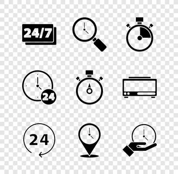 Set Clock 24 hours, Magnifying glass with clock, Stopwatch, Location,  and .. Stock Illustration