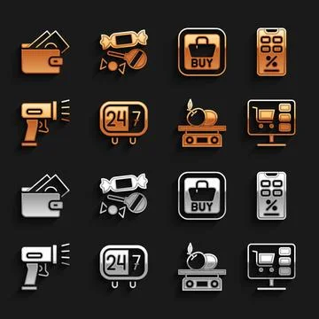 Set Clock 24 hours, Percent discount and mobile, Shopping cart on computer Stock Illustration
