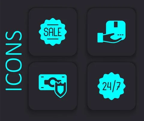 Set Clock 24 hours, Price tag with Sale, Delivery hand box and Money shield icon Stock Illustration