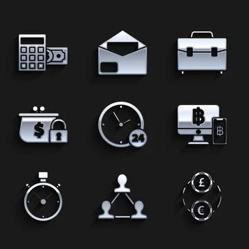 Set Clock 24 hours, Project team base, Money exchange, Computer monitor with  Stock Illustration
