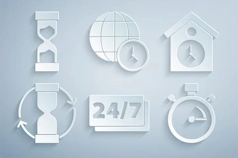 Set Clock 24 hours, Retro wall watch, Old hourglass, Stopwatch, World time and Stock Illustration
