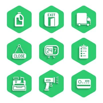 Set Clock 24 hours, Scanner scanning bar code, Credit card, Shopping list, Cash Illustrazione stock