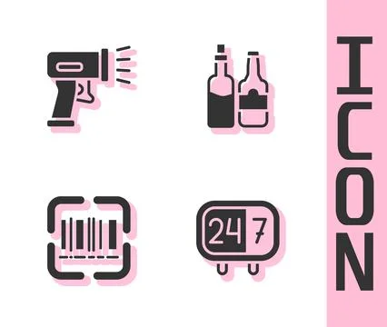 Set Clock 24 hours, Scanner scanning bar code, and Whiskey bottle icon. Vector 스톡 일러스트
