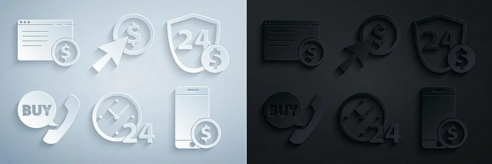 Set Clock 24 hours, Shield with dollar, Phone and speech bubble Buy, Smartphone Stock Illustration