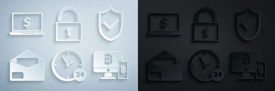 Set Clock 24 hours, Shield with check mark, Envelope, Computer monitor mobile Illustrazione stock