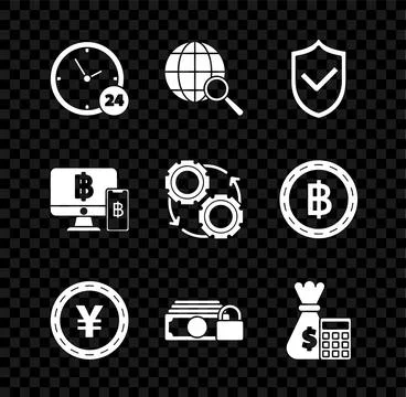 Set Clock 24 hours, Shield check mark, Coin money Yen symbol, Money, Calcul.. Stock Illustration