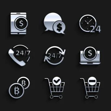 Set Clock 24 hours, Shopping cart with check mark, Remove shopping, Laptop Stock Illustration