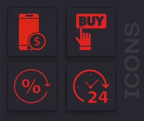 Set Clock 24 hours, Smartphone with dollar, Buy button and Discount percent tag Stock Illustration