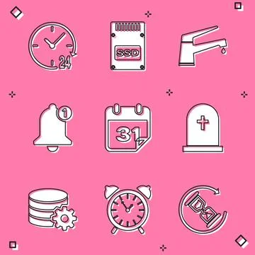 Set Clock 24 hours, SSD card, Water tap, Bell, Calendar and Tombstone with cross 스톡 일러스트