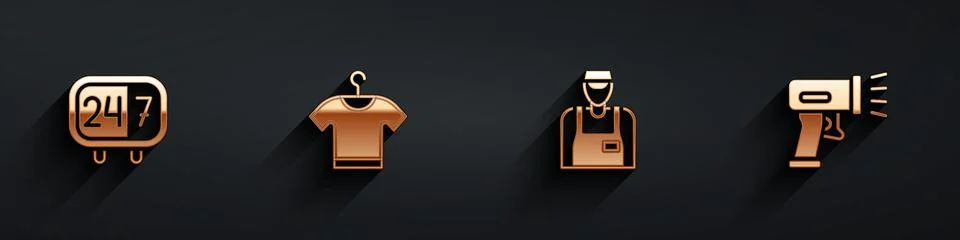 Set Clock 24 hours, T-shirt, Seller and Scanner scanning bar code icon with long Stock Illustration