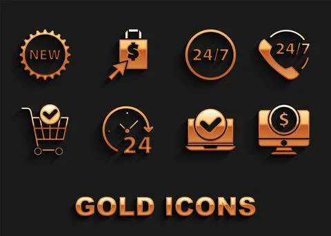 Set Clock 24 hours, Telephone support, Computer monitor with dollar, Laptop Stock Illustration