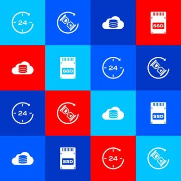 Set Clock 24 hours, Waiting, Cloud database and SSD card icon. Vector Stock Illustration