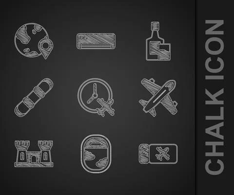 Set Clock with airplane, Airplane window, Airline ticket, Plane, Sand castle Stock Illustration