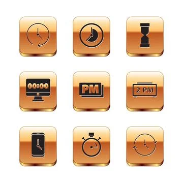 Set Clock, Alarm clock app mobile, Stopwatch, PM, on monitor, Old hourglass, and Stock Illustration