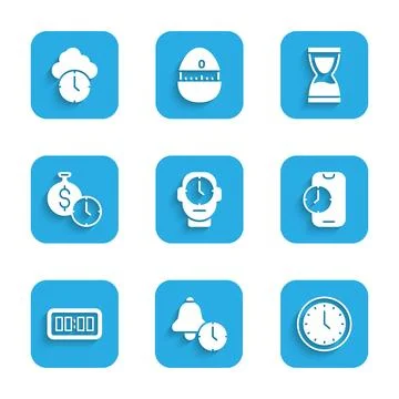 Set Clock, Alarm clock, app mobile, Digital alarm, Time is money, Old hourglass Illustrazione stock