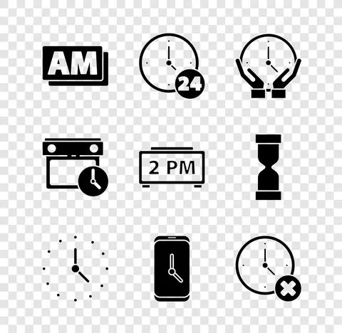 Set Clock AM, 24 hours, Alarm clock app mobile, delete, Calendar and and Digital Stock Illustration