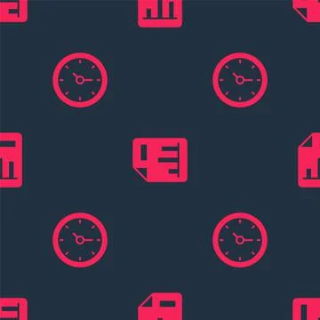 Set Clock and Document with graph chart on seamless pattern. Vector Illustrazione stock