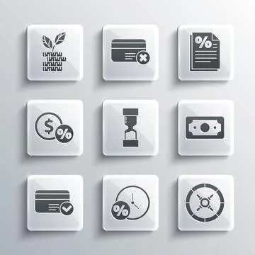 Set Clock and percent, Safe, Stacks paper money cash, Old hourglass, Credit card Illustrazione stock