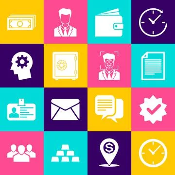 Set Clock, Approved and check mark, Document, Wallet, Safe and Human head with イラスト素材