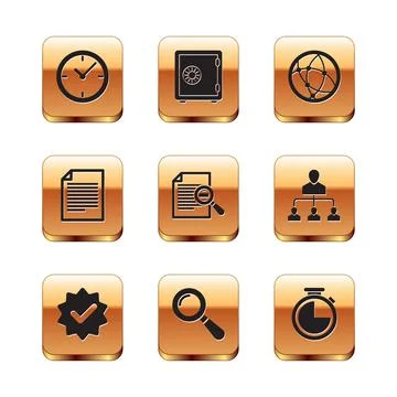 Set Clock, Approved and check mark, Magnifying glass, Document with search, and Illustrazione stock