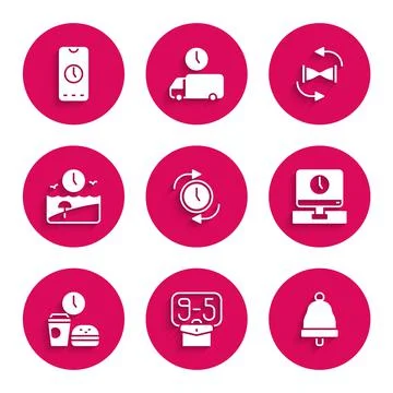 Set Clock with arrow, From 9, Ringing bell, Monitor time, Fast food, Vacation 스톡 일러스트
