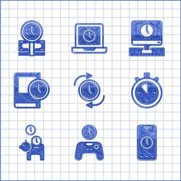 Set Clock with arrow, Gamepad of time, Alarm clock app mobile, Stopwatch, Piggy Illustrazione stock